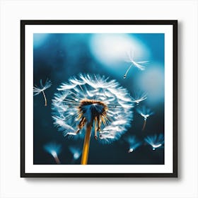 Floating White Dandelion Seeds in the Blue Light  Art Print