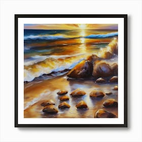 The sea. Beach waves. Beach sand and rocks. Sunset over the sea. Oil on canvas artwork.25 Art Print