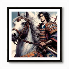 Young Samurai Warrior On His Horse Color Drawing Art Print