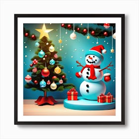 Snowman And Christmas Tree Art Print