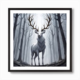 A White Stag In A Fog Forest In Minimalist Style Square Composition 76 Art Print