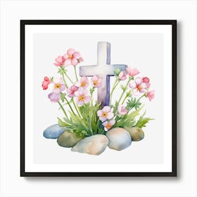 Easter Cross With Flowers 1 Art Print