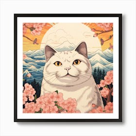 Ukiyoe painting of a White Cat In Cherry Blossoms Art Print