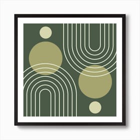 Mid Century Modern Geometric Rainbow and Sun Abstract Line  Art Circle Shapes  in Forest Sage Green 1 Art Print