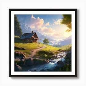 A Rustic Cottage Scene Bathed In The Ethereal Glow Of A Heavenly Realm High In The Mountains Art Print