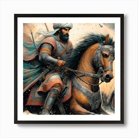 Osmanian Warrior On A Horse Color Drawing Art Print