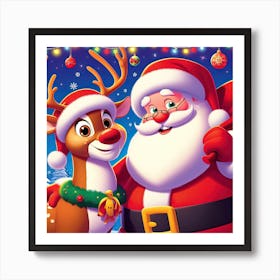 Santa Claus And A Reindeer Illustration 1 Art Print