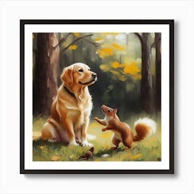 Golden Retriever And Squirrel Art Print