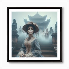 The Watchers 3/4 - (Beautiful woman  female classic ghosts scenic temple spectres memories dreams art AI Victorian mist fog)  Art Print