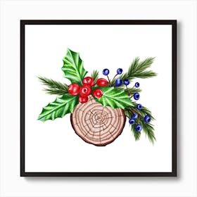 Wood Cut with Pine Branches, Berries and Mistletoe Art Print