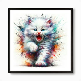 White Cat Running Art Print