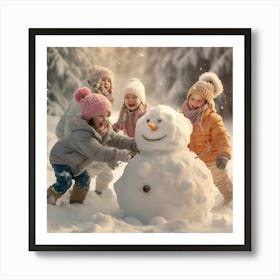 Children Playing With Snowman Art Print