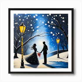 Snowy Evening Romance Wall Decor Couples Silhouette Art Print Art Print