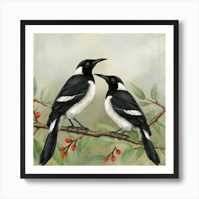 Magpies On A Branch Art Print