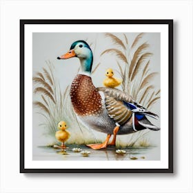 Mallard Ducks, Realistic duck wall art print, Detailed waterfowl artwork for walls, Majestic duck painting on canvas, Duck pond wall decor, Duckling family wall art, Vibrant duck feathers in art print, Duck hunting scene wall print, Peaceful duck in nature art, Waterfowl lovers' wall decor, Duck art for lake house, Art Print