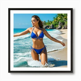 Beautiful Woman In Blue Bikini On The Beach Art Print