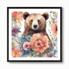 A Watercolor Detailed Painting Of Bea Featuring A Vintage Bear Beautiful Colourful Flowers On A Whit Art Print