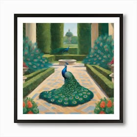 Peacocks in a Renaissance Garden Series. In Style of David Hockney 6 Art Print