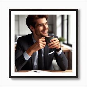 Happy Businessman With A Cup Of Coffee Art Print