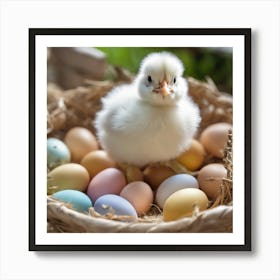 Chick In A Basket Of Eggs Art Print