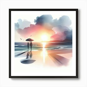 Couple Walking On The Beach At Sunset Art Print