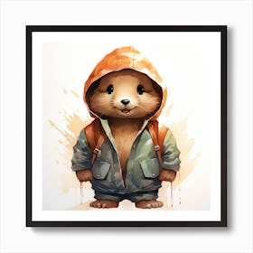 Watercolour Cartoon Beaver In A Hoodie 2 Art Print