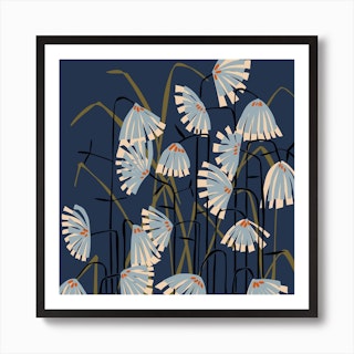 Linocut Flower Meadow Mustard Blue Square Art Print