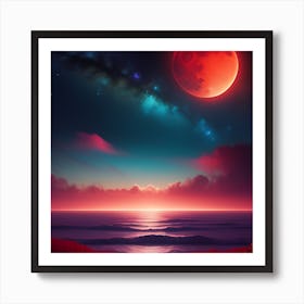 Red Moon Over The Ocean 2 Art Print