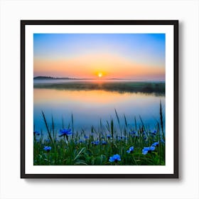 Sunrise Over Blue Flowers Art Print