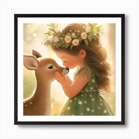 Little Girl Kissing A Deer Art Print