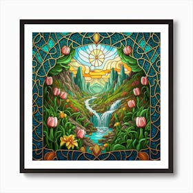 Stained Glass Mosaic Window Design Of A Scenic 1 Art Print