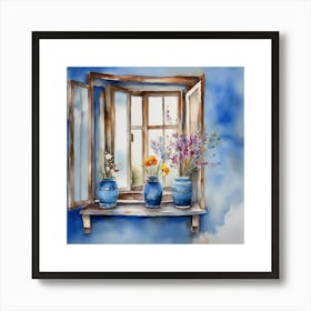 Blue wall. Open window. From inside an old-style room. Silver in the middle. There are several small pottery jars next to the window. There are flowers in the jars Spring oil colors. Wall painting.5 Art Print