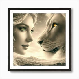 A beautiful woman and lion 1 Art Print