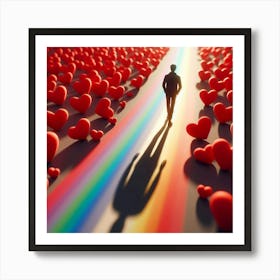 Man Walking Through A Rainbow Of Hearts Art Print