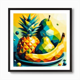 Colorful Still Life: An Abstract Painting of a Pineapple, a Banana, and a Pear with a Gradient Background Art Print