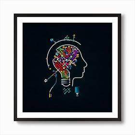 Abstract Vector Icon Illustrating A Human Head Bust With An Illuminating Light Bulb In The Forehead (5) Art Print