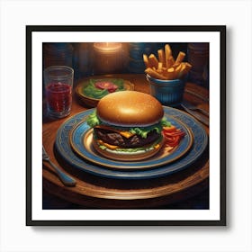 Burger On Plate On Table Centered Symmetry Painted Intricate Volumetric Lighting Beautiful Ri (4) Art Print