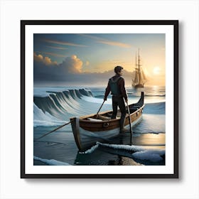 A Man In A Boat On A Frozen Lake Art Print