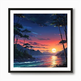 Serene Sunset Over the Ocean Surrounded by Lush Trees and Distant Mountains Art Print