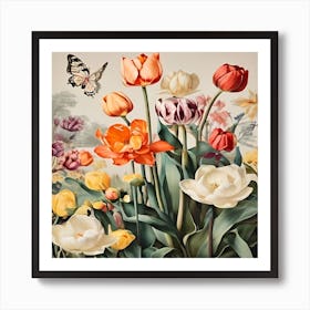 Tulips And Butterflies 2 Art Print