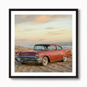 old car and beach Art Print
