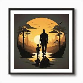 Father And Son Walking At Sunset Art Painting Art Print