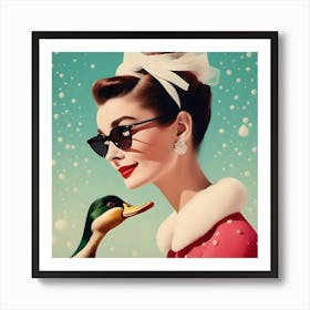 Audrey Hepburn And A Duck With Snow Art Print