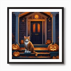 Halloween Cat In Front Of House 7 Art Print