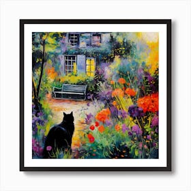 Black Cat In Monet Garden 5 Art Print