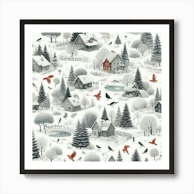 Winter Village, Snowy Trees And Birds Art Print