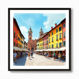 Vibrant Watercolor Of A Bustling Italian Piazza, With Colorful Market Stalls And Lively Activity 1 Art Print