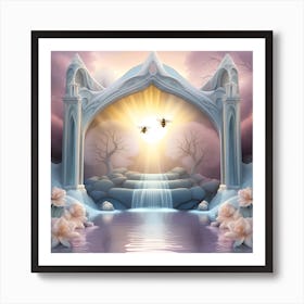 Fairy Garden With Waterfall And Bees Art Print