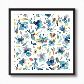 Watery Hibiscus Blue Gold Art Print