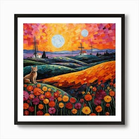 Cats In The Field With A Medieval Village In The Background 3 Art Print